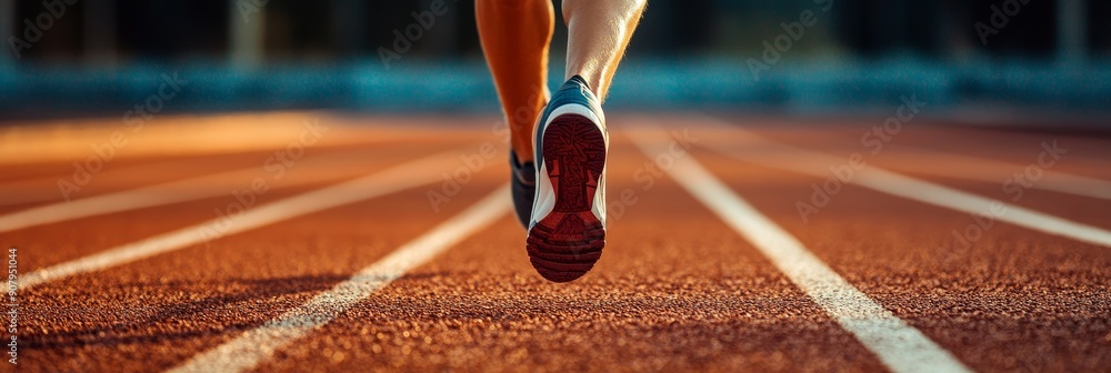 Aufkleber close-up view of a runner's feet on a red running track with white lines. the image symbolizes deter