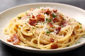 Classic spaghetti bolognese on a white plate with a wooden table backdrop