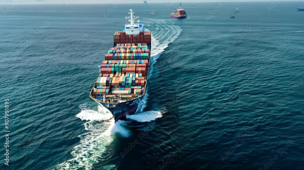 Aufkleber large container ship navigating calm sea with surrounding vessels generative ai