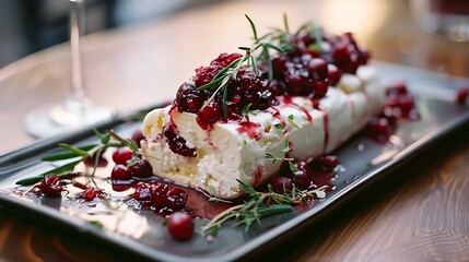 Close-up of creamy cheesecake topped with cranberry sauce and rosemary sprigs on a grey plate.