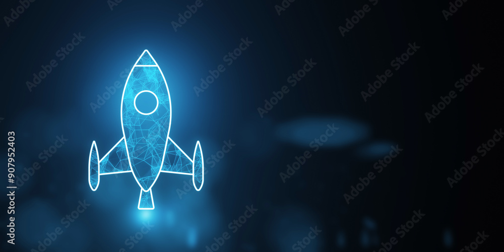 Wall mural digital wireframe rocket launch on dark background. 3d rendering