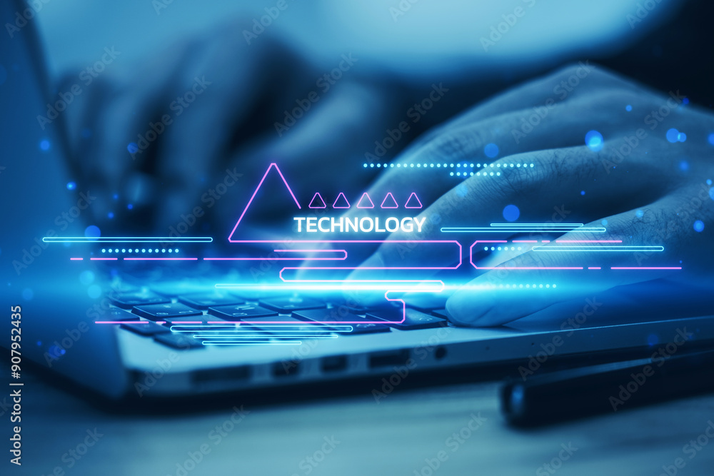 Poster close-up of hands typing on a laptop keyboard with holographic technology interface overlay.