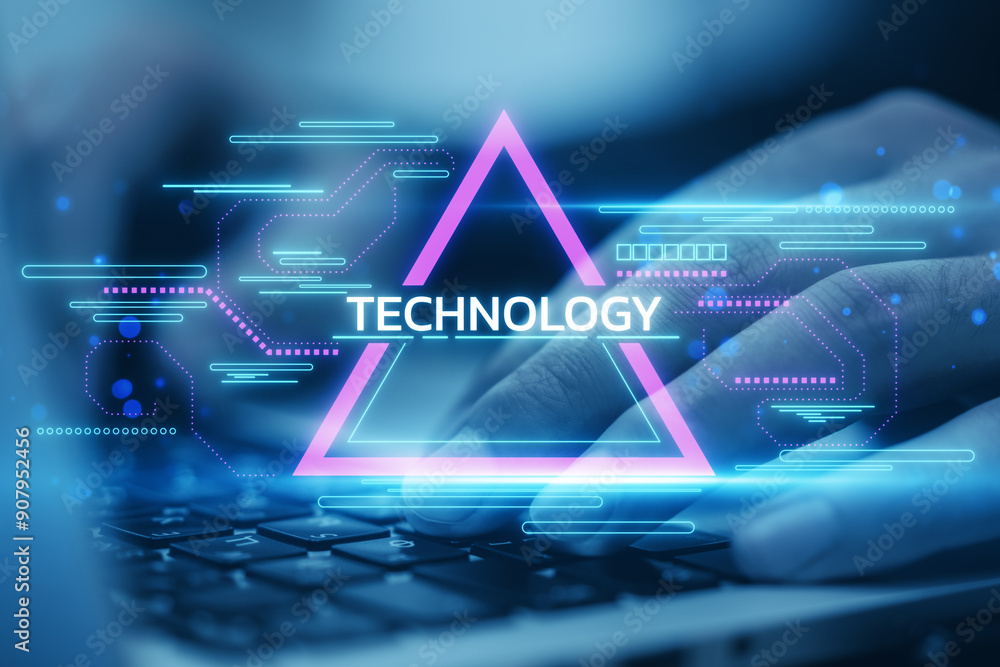Poster Abstract representation of technology with neon triangle and hands on keyboard.