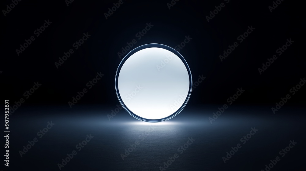 Poster a circular mirror emits a soft glow against a dark background, creating a serene and minimalist aest