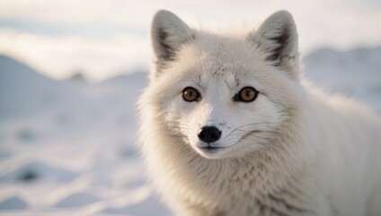 Fototapeta premium Closeup white arctic fox in the northern snowy landscape.