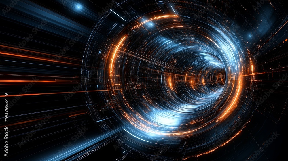 Poster semi close-up of an illuminated cosmic vortex, illustrating a journey through space and time, more c