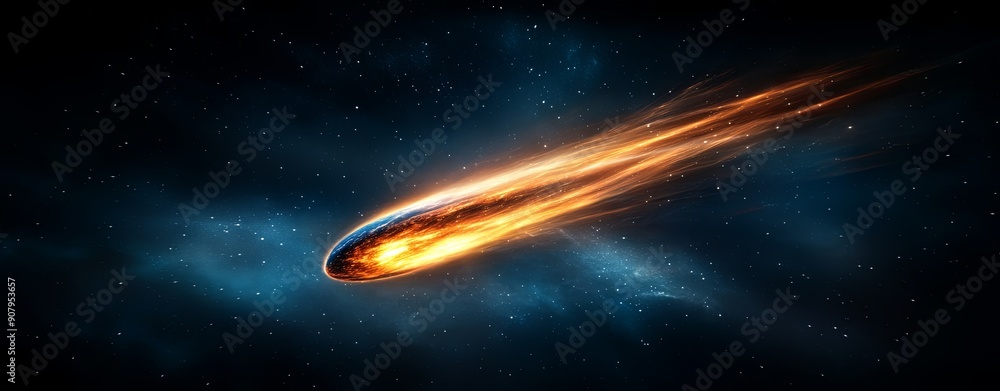 Poster semi close-up of a glowing comet streaking through the cosmos, representing dynamic movement and the