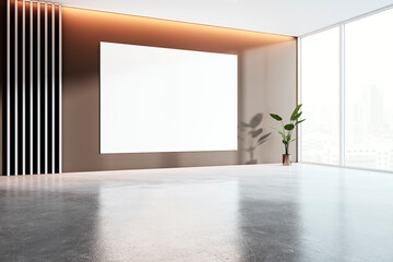Modern empty room with large white poster frame on wall. 3D Rendering