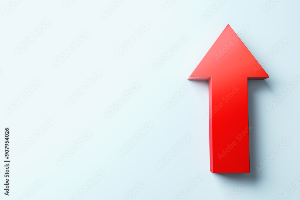Poster red upward arrow on light blue background. 3d rendering