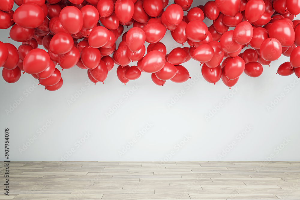 Poster Red balloons decorating the ceiling in an empty room. 3D Rendering