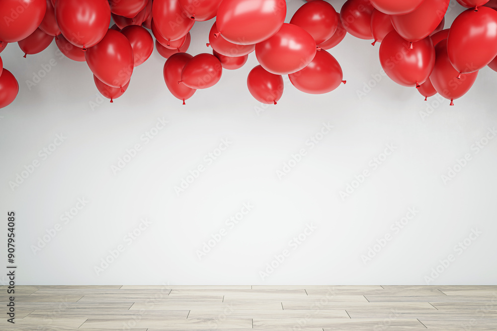 Aufkleber red balloons on ceiling in empty room with wooden floor and white wall. 3d rendering