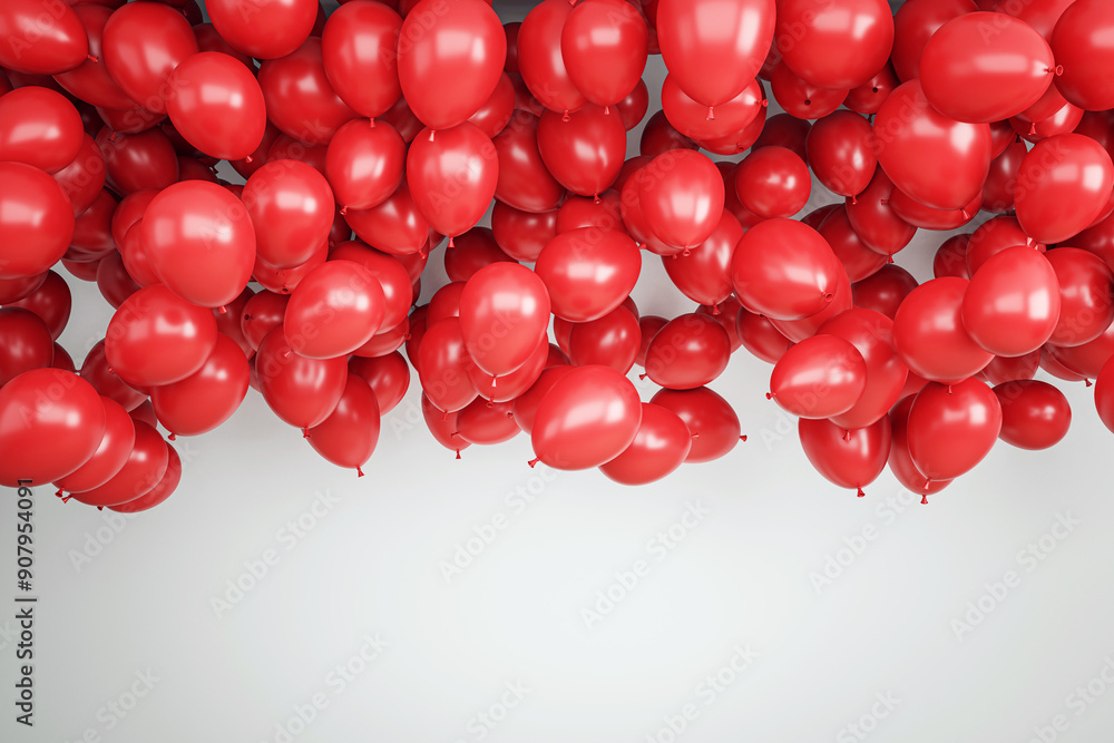 Poster Red balloons floating on a white background. 3D Rendering