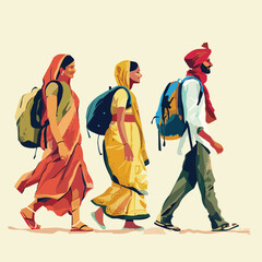 Traditional South Asian family walking, outdoor trek, bright attire, man turban, two women. Cultural journey, travel backpacks, traditional clothes, ethnic diversity, desert background. Vibrant