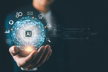 Ai technology concept, Artificial Intelligence. man using technology smart robot AI, Futuristic...