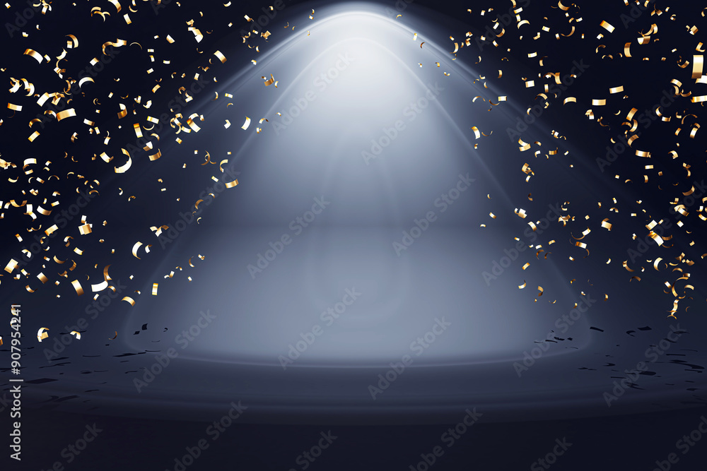 Poster empty dark stage with spotlights and golden confetti. 3d rendering