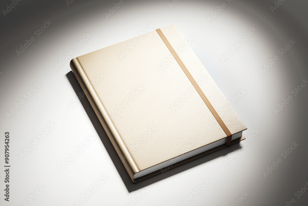 Poster Hardcover book mockup with elastic band on a white surface. 3D Rendering