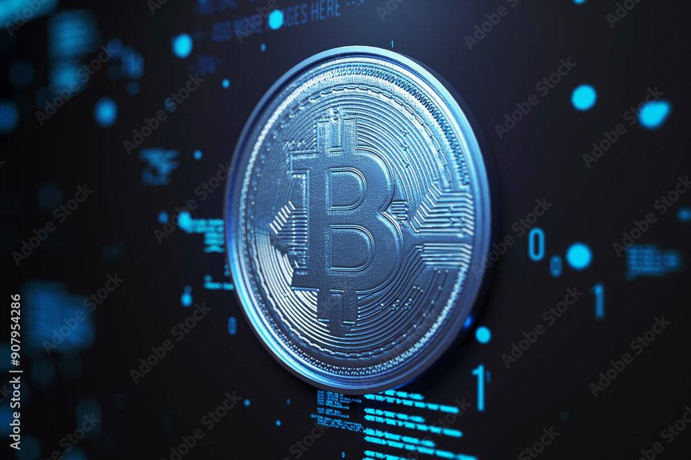 Poster Close-up of a 3D rendered Bitcoin symbol on a digital background. 3D Rendering