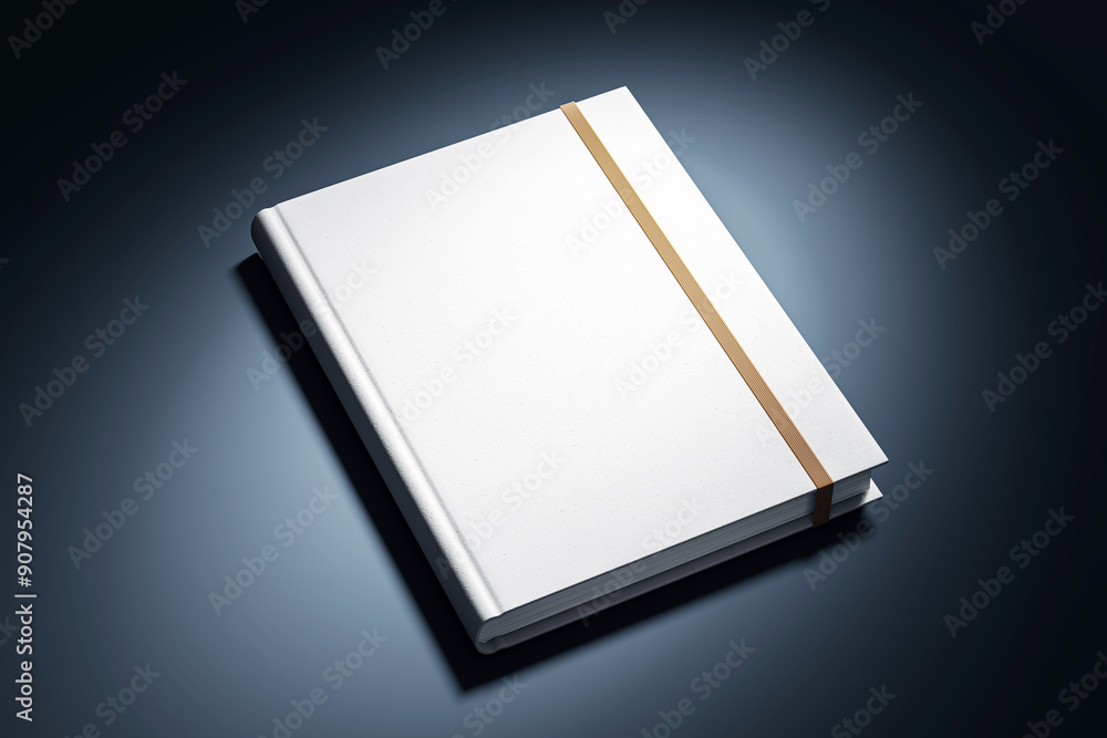 Poster White closed book with elastic band on dark table. 3D Rendering