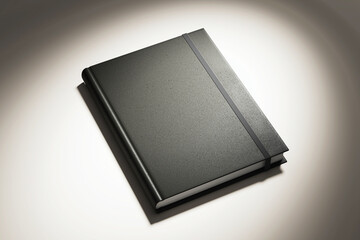 Black notebook mockup on white background with light spot. 3D Rendering