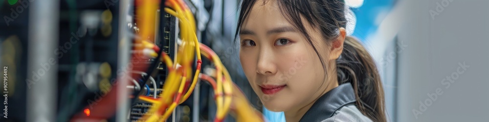 Poster female asian technician working in server room for cabling and networking in office