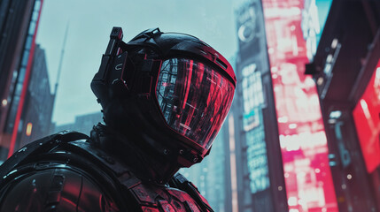 Fototapeta premium High-tech cybernetic soldier in a futuristic urban environment
