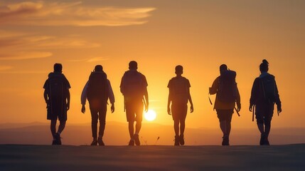 Silhouette of students walking with backpacks, soft sunset background, representing education and journey, education concept, silhouette, journey