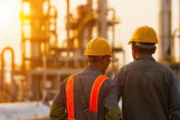 Silhouetted engineers with a background of pipelines, industrial site, energy infrastructure