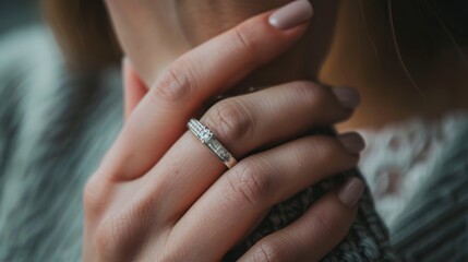 A close-up shot of a woman wearing a diamond wedding ring on her hand. Marriage and vows concept topics. 