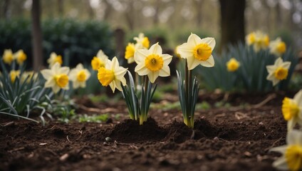 Obraz premium Daffodils and spade in the garden, spring flower planting concept.