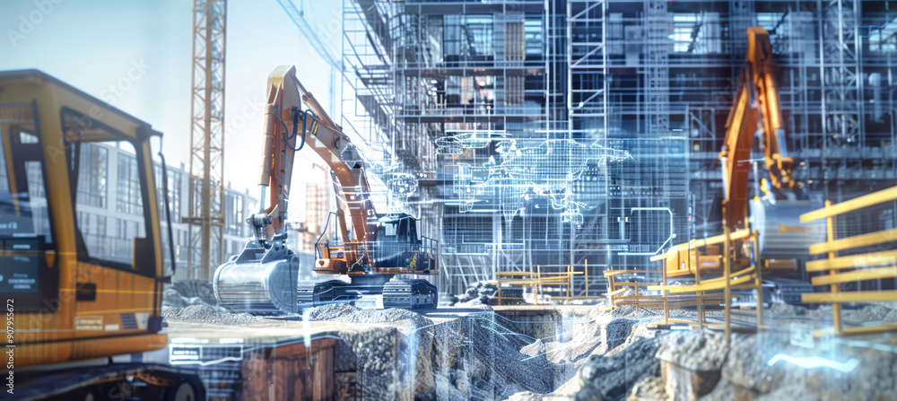 Poster an excavator on a digital site is surrounded by machinery and cranes, with a holographic display sho