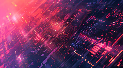 Fototapeta premium Futuristic and abstract representation of digital circuitry, with vibrant shades of pink, red, and purple, the intricate network of interconnected lines and nodes evokes a sense of advanced technology