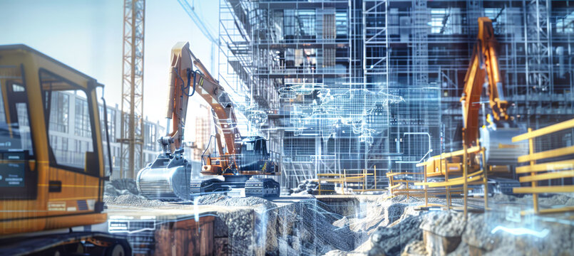 An excavator on a digital site is surrounded by machinery and cranes, with a holographic display showing real-time progress and project data - Powered by Adobe