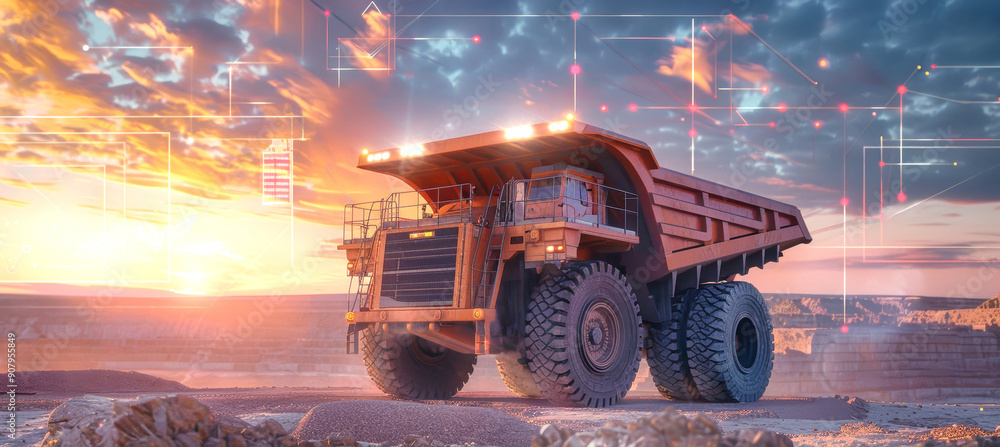 Poster a large dump truck stands in a quarry at sunset, with a futuristic data visualization overlay showca