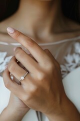 Obraz premium A close-up shot of a woman wearing a diamond wedding ring on her hand. Marriage and vows concept topics. 