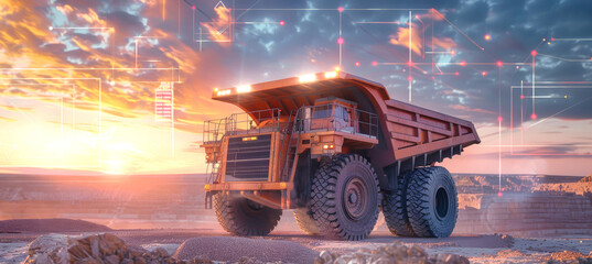 A large dump truck stands in a quarry at sunset, with a futuristic data visualization overlay showcasing graphs and numbers in a bold orange and white color scheme