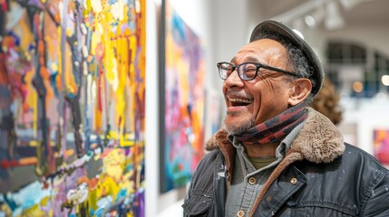 Obraz premium A delighted artist showcasing their masterpiece at an art exhibition, receiving praise from the attendees