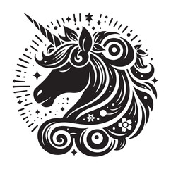 Unicorn simple vector silhouette black and white.