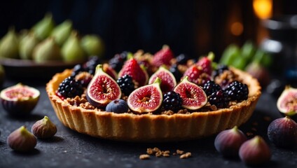 Delicious tart with berries and figs on a dark table.