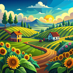 Naklejka premium beautiful rustic sunflower landscape with a backdrop