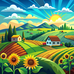 Fototapeta premium beautiful rustic sunflower landscape with a backdrop