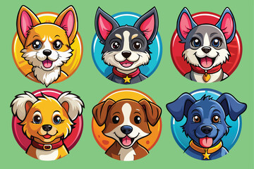 Fototapeta premium Six Cute Cartoon Dog Portraits with Circle Backgrounds