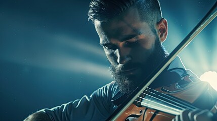 Young male musician playing the violin. Music school exam concept. A guy performs classical music on a string instrument. Illustration for cover, card, postcard, interior design, decor or print.