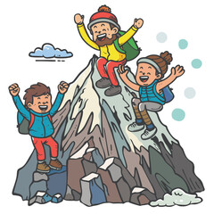 Three kids hiking, reaching mountain peak, cheers, snowy summit, happy expressions, backpacks, isolated white background. Outdoor adventure, teamwork nature, mountaineering trip, joyful success