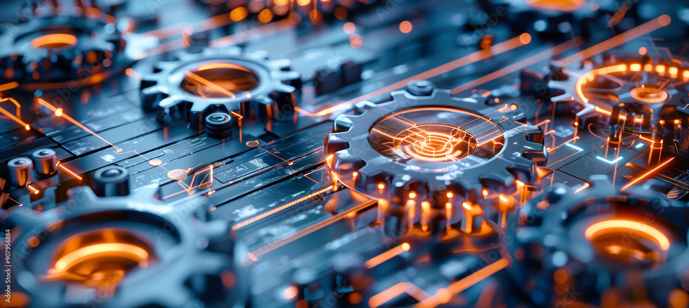 Poster a close-up of intricate gears, illuminated with warm, orange light, depicting the complex interplay 