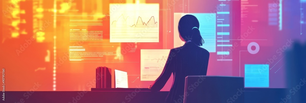 Poster a silhouette of a data analyst working on financial charts and graphs. the background features a var