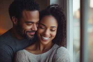 Obraz premium Young happy couple enjoys the view through window at their new home, Generative AI
