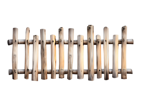 Wooden pole fence isolated on transparent or white background