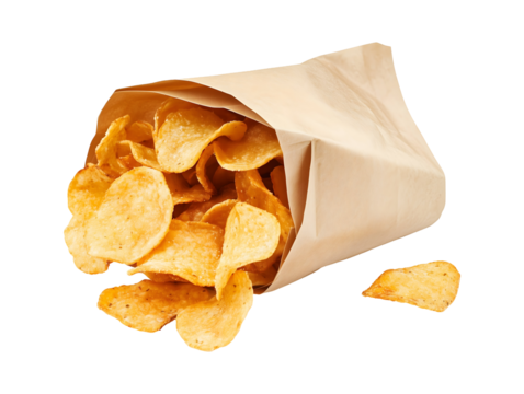 Paper bag of potato chips isolated on transparent or white background