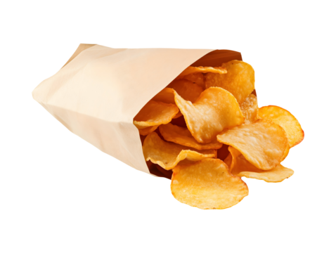 Paper bag of potato chips isolated on transparent or white background