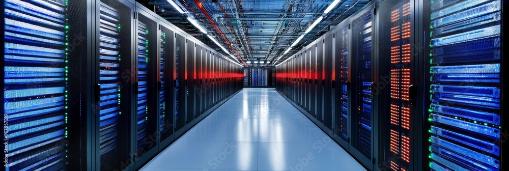 Poster a long corridor inside a data center with rows of server racks, showcasing the critical infrastructu
